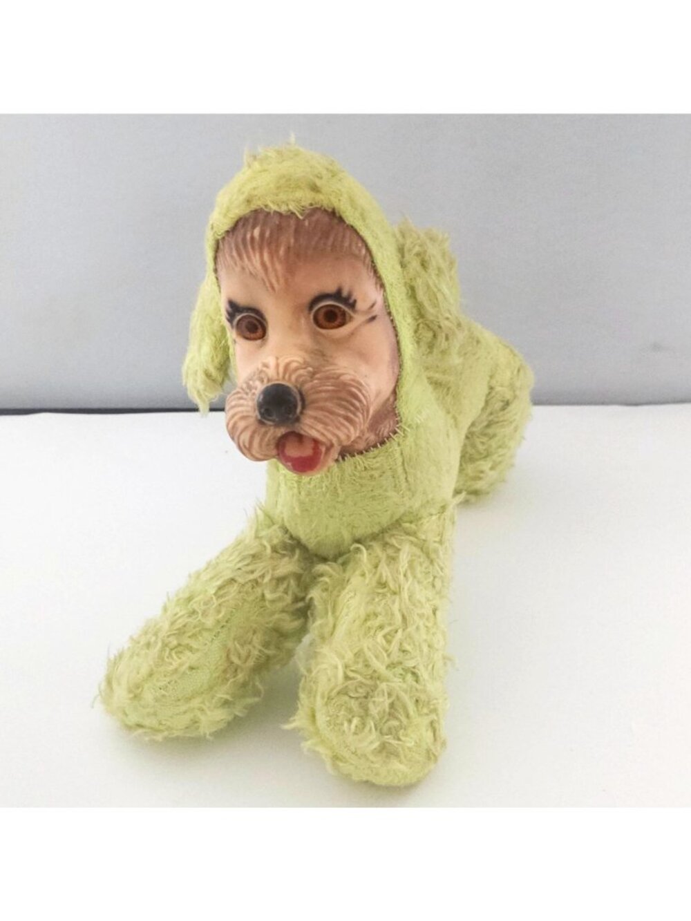 Vintage Rubber Face Dog Plush Toy Green Shaggy Fabric Mid-Century Style Hand-Sti - Picture 1 of 8